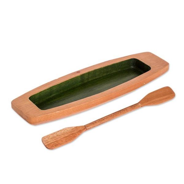 Alternate image for Hand-Carved Painted Green Cedarwood Boat Catchall Harmonious Journey