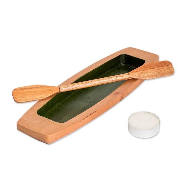 Alternate image for Hand-Carved Painted Green Cedarwood Boat Catchall Harmonious Journey