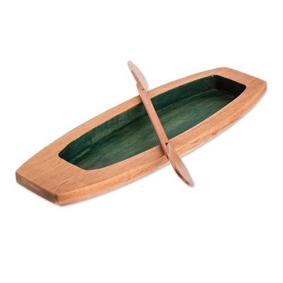 Alternate image for Handmade Brown and Green Cedarwood Boat Catchall with Paddle To the Green Lagoon