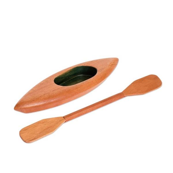 Alternate image for Hand-Carved Green and Brown Canoe Catchall with Paddle Harmonious Current