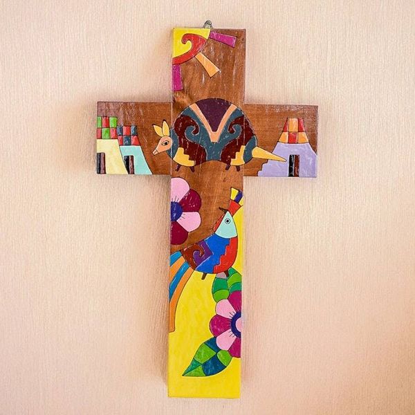 Alternate image for Hand-Painted Folk Art-Themed Pinewood Wall Cross Nature Peace