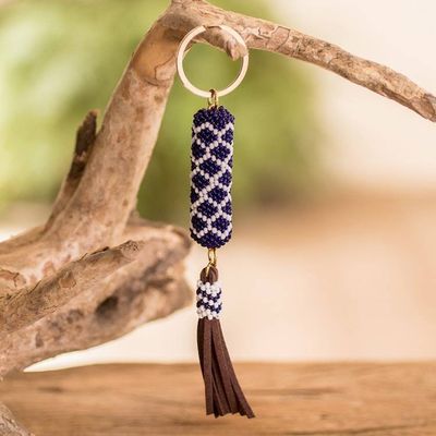 Alternate image for Beaded Leather Keychain and Bag Charm Handmade in Guatemala Diamond Blue