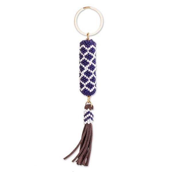 Alternate image for Beaded Leather Keychain and Bag Charm Handmade in Guatemala Diamond Blue