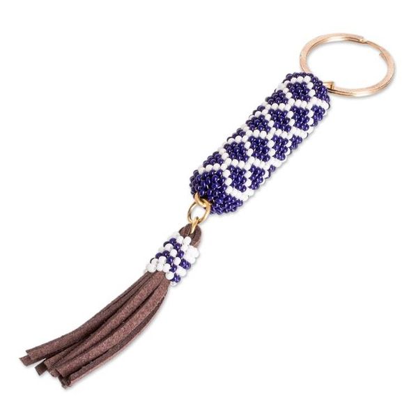 Alternate image for Beaded Leather Keychain and Bag Charm Handmade in Guatemala Diamond Blue