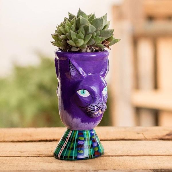 Alternate image for Handmade Purple Ceramic Planter Top Cat in Purple