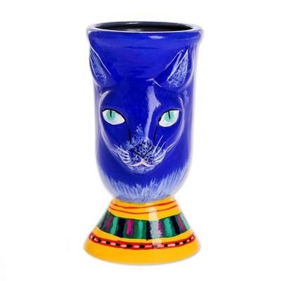 Alternate image for Blue Ceramic Flower Pot Top Cat in Blue