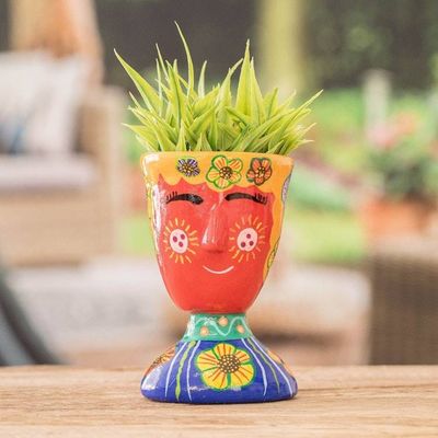 Alternate image for Whimsical Hand-Painted Red and Blue Ceramic Flower Pot Vivacious Nature