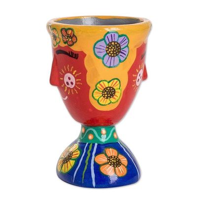 Alternate image for Whimsical Hand-Painted Red and Blue Ceramic Flower Pot Vivacious Nature