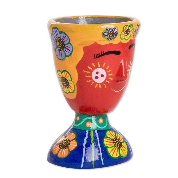Alternate image for Whimsical Hand-Painted Red and Blue Ceramic Flower Pot Vivacious Nature