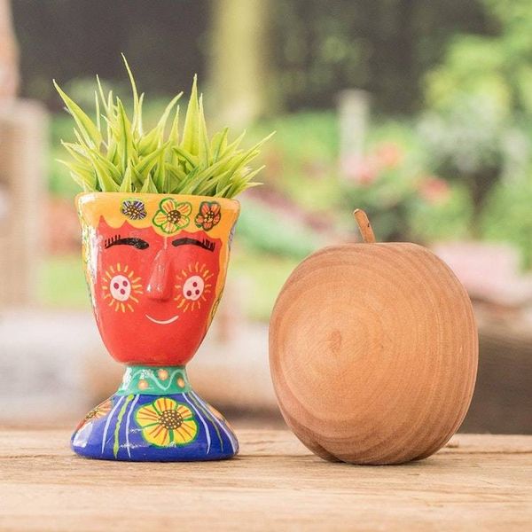 Alternate image for Whimsical Hand-Painted Red and Blue Ceramic Flower Pot Vivacious Nature