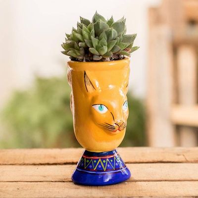Alternate image for Handcrafted Yellow Ceramic Flower Pot Top Cat in Yellow