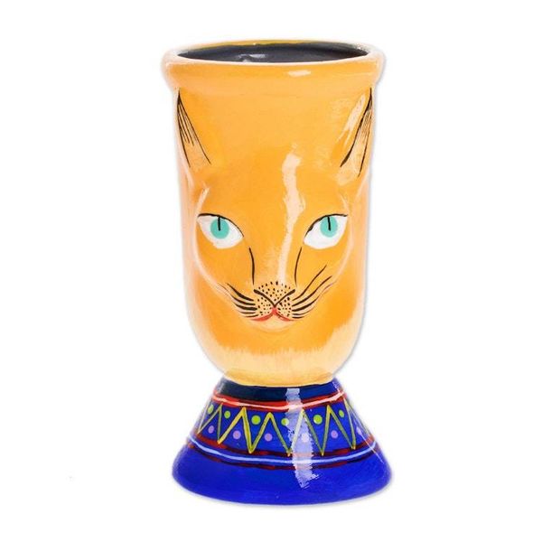 Alternate image for Handcrafted Yellow Ceramic Flower Pot Top Cat in Yellow
