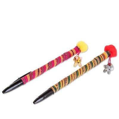 Alternate image for Set of 2 Colorful Cotton Ballpoint Pens with Ceramic Charms Little Pets