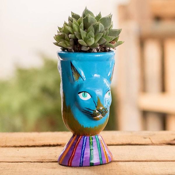 Alternate image for Small Handcrafted Ceramic Plant Pot Top Cat in Turquoise