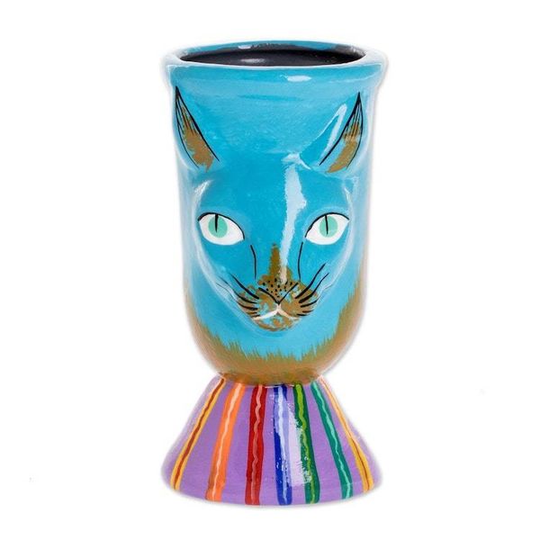 Alternate image for Small Handcrafted Ceramic Plant Pot Top Cat in Turquoise