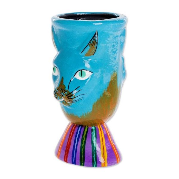 Alternate image for Small Handcrafted Ceramic Plant Pot Top Cat in Turquoise