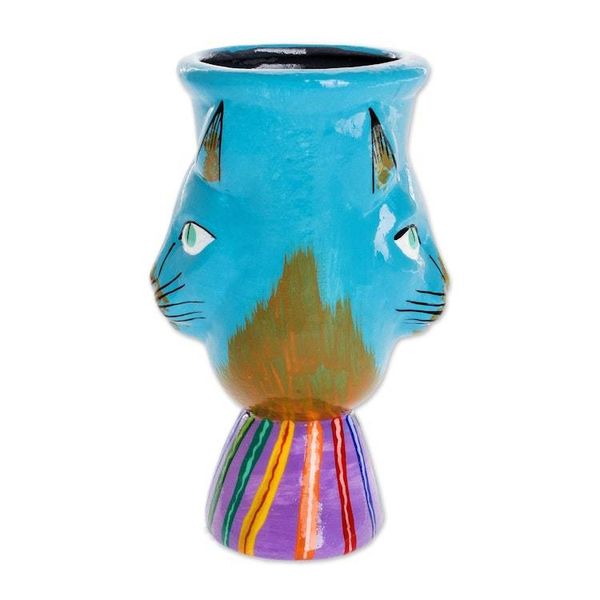 Alternate image for Small Handcrafted Ceramic Plant Pot Top Cat in Turquoise
