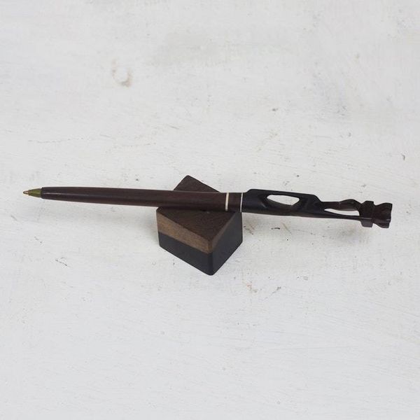 Alternate image for Hand-Carved Ebony Wood Pen and Pen Holder from Ghana Mother Carrying Fruit