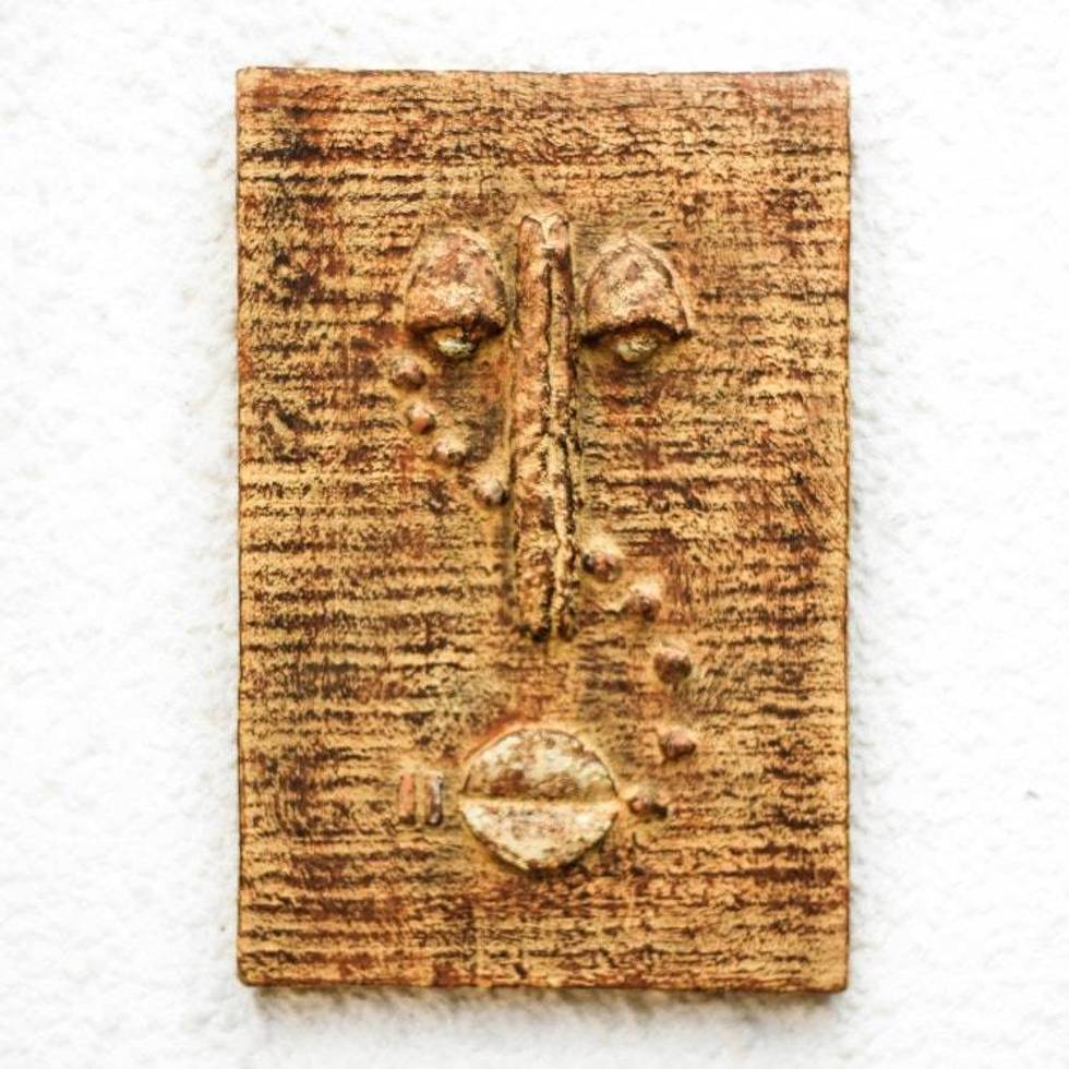 Rustic Sese Wood Portrait Relief Panel from Ghana 'Enigmatic Look'