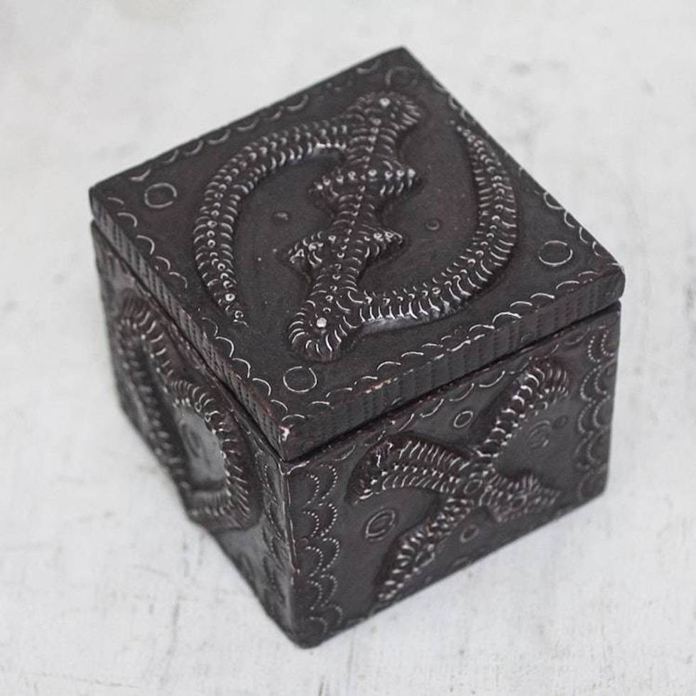 Adinkra Pattern Aluminum and Wood Decorative Box from Ghana 'Adinkra Secret'