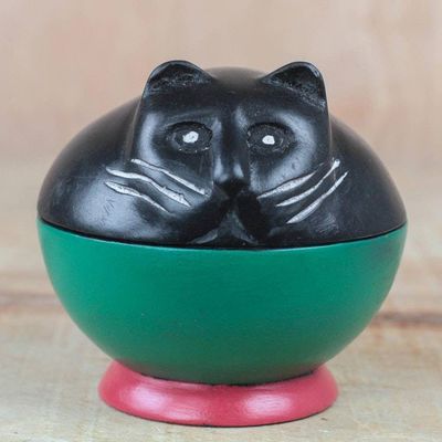 Alternate image for Black and Green Cat Wood Decorative Jar from Ghana Playful Kitten