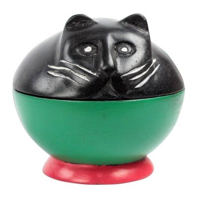 Alternate image for Black and Green Cat Wood Decorative Jar from Ghana Playful Kitten