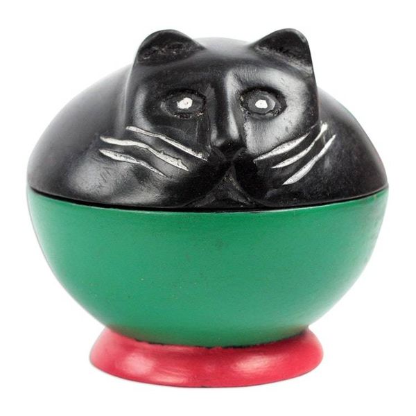 Alternate image for Black and Green Cat Wood Decorative Jar from Ghana Playful Kitten