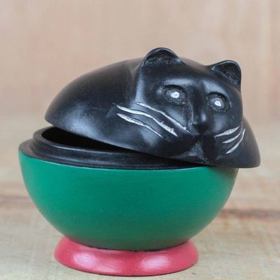 Alternate image for Black and Green Cat Wood Decorative Jar from Ghana Playful Kitten