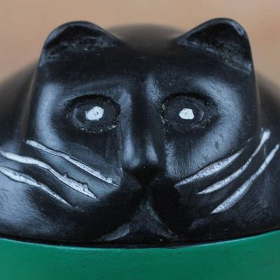 Alternate image for Black and Green Cat Wood Decorative Jar from Ghana Playful Kitten