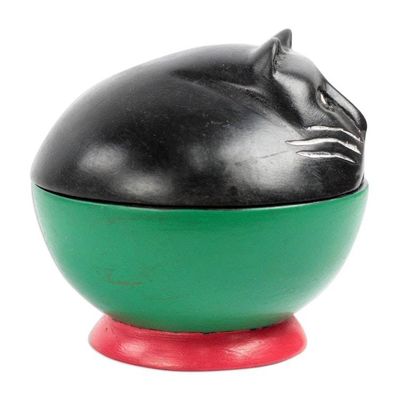 Alternate image for Black and Green Cat Wood Decorative Jar from Ghana Playful Kitten