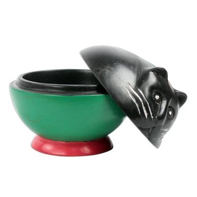 Alternate image for Black and Green Cat Wood Decorative Jar from Ghana Playful Kitten