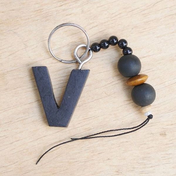 Alternate image for Eco-Friendly Ebony Letter V Keychain with Wood Beads The Letter V
