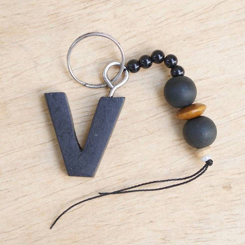 Eco-Friendly Ebony Letter V Keychain with Wood Beads 'The Letter V'