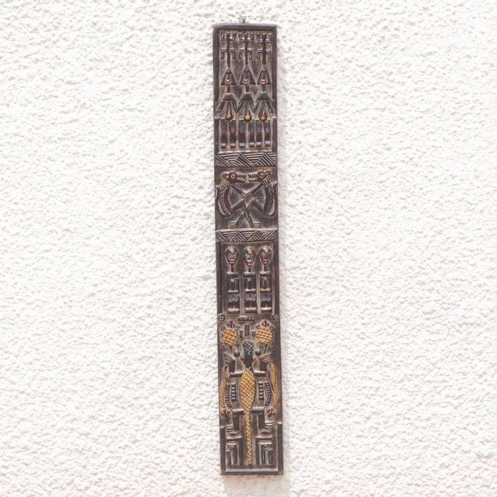 Ghanaian Mahogany Wall Relief Panel Carved Painted by Hand 'Malian Dogon Board'