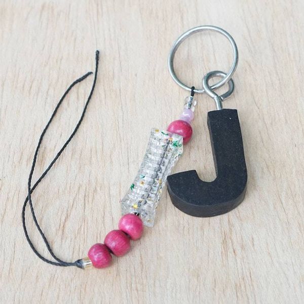 Alternate image for Eco-Friendly Ebony Letter J Keychain with Wood Beads The Letter J