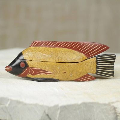 Alternate image for Ghana Fish Theme Artisan Crafted Decorative Wood Box Yellow Ga Fish