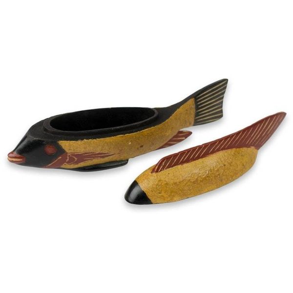 Alternate image for Ghana Fish Theme Artisan Crafted Decorative Wood Box Yellow Ga Fish