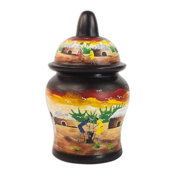 Alternate image for Hand-Painted Village Scene Wood Decorative Jar from Ghana Dear Village