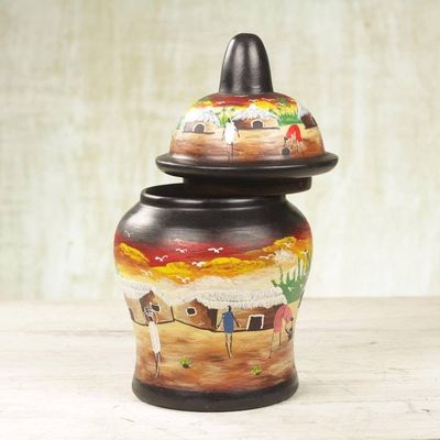 Alternate image for Hand-Painted Village Scene Wood Decorative Jar from Ghana Dear Village