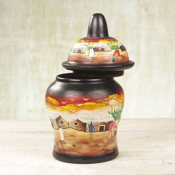 Alternate image for Hand-Painted Village Scene Wood Decorative Jar from Ghana Dear Village