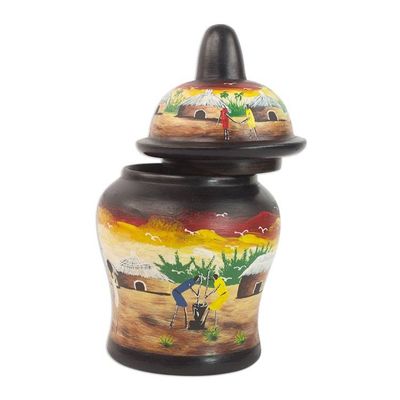 Alternate image for Hand-Painted Village Scene Wood Decorative Jar from Ghana Dear Village