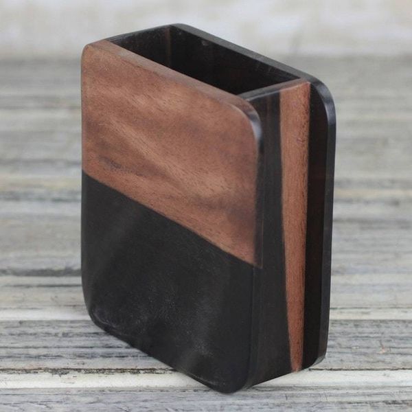 Alternate image for Hand Carved Ebony Wood Rounded Rectangle Pencil Holder Modern Nature