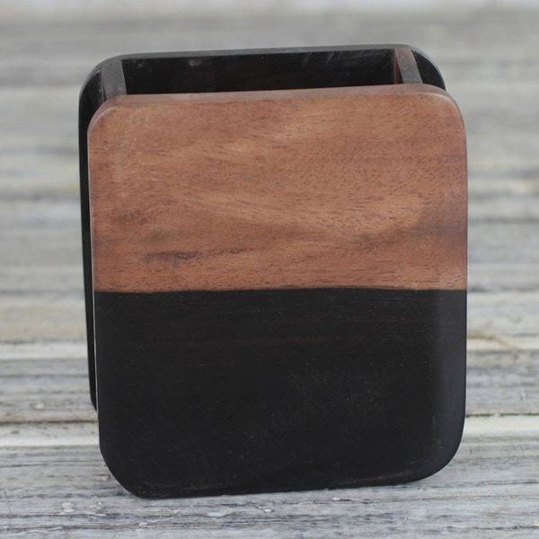 Alternate image for Hand Carved Ebony Wood Rounded Rectangle Pencil Holder Modern Nature