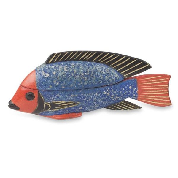 Alternate image for Ghana Artisan Crafted Fish Theme Decorative Wood Box Blue Ga Fish