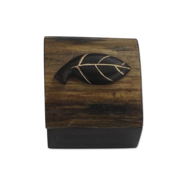 Alternate image for Hand Carved Ghanaian Decorative Wood Box with Leaf Motif Natures Keepsake