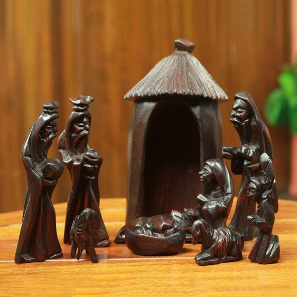 Alternate image for Handcrafted Teak Wood Nativity Scene Sculpture 14 Piece Gifts from the Ghanaian Magi