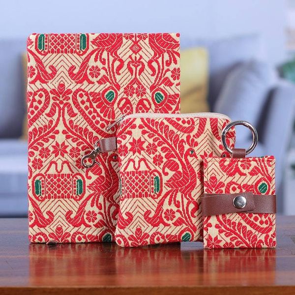 Alternate image for Leather-Accented Cotton Jacquard Journal Pouch Keychain Set Assam Beauty