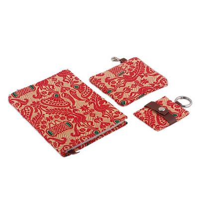 Alternate image for Leather-Accented Cotton Jacquard Journal Pouch Keychain Set Assam Beauty