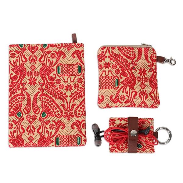 Alternate image for Leather-Accented Cotton Jacquard Journal Pouch Keychain Set Assam Beauty