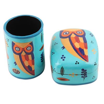Alternate image for Decorative Papier Mache Owl-Motif Box Owl Story in Teal